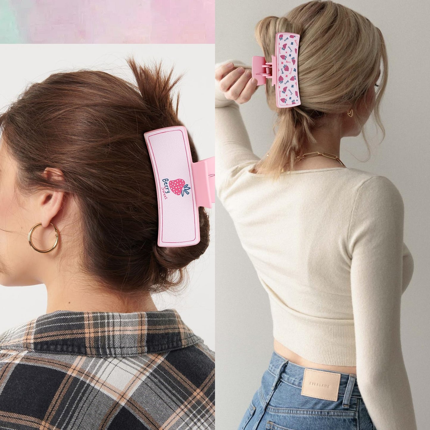 Hapdoo Pink Western Claw Clips, PU Leather Square Hair Clips Western Accessories for Cowgirl, Strawberry 4” Western Hair Clips Set Country Stuff Gifts for Women Girls