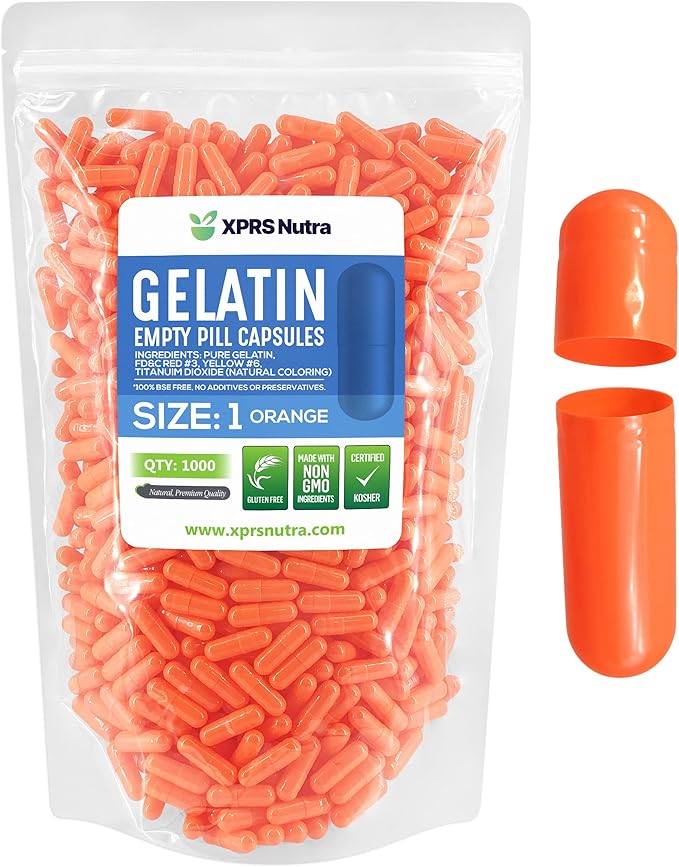 XPRS Nutra Size 1 Empty Capsules - 1000 Count Empty Gelatin Capsules - Pill DIY Capsule Filling - Pure Bovine Pill Gel Caps for Do-It-Yourself Supplements (Orange)
