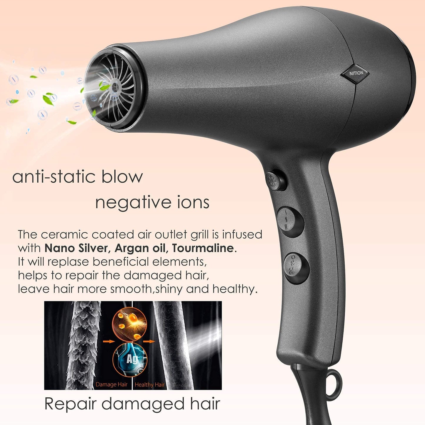 NITION Pro Salon Hair Straightener Flat Iron Gold and Black Hair Dryer with 3 Attachments Diffuser/Comb Set