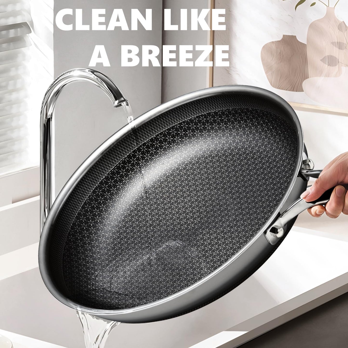 OATOFP Non Stick Frying Pans with lid, 12 inch Hybrid Frying Pans Nonstick,non stick Stainless Steel Skillets, Dishwasher and Oven-Safe Chef Pan, Induction Compatible Cooking Pan, PFOA Free Cookware