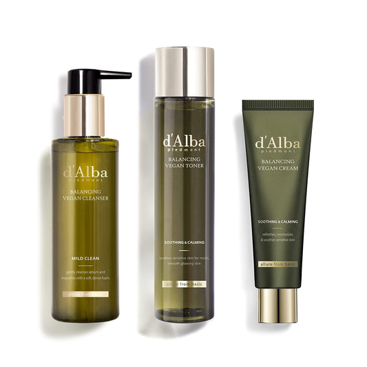 d'alba Piedmont White Truffle Mild Skin Balancing Vegan Cleanser, White Truffle Mild Skin Balancing Vegan Toner, White Truffle Mild Skin Balancing Vegan Cream Bundle (200ml, 150ml, 55ml)