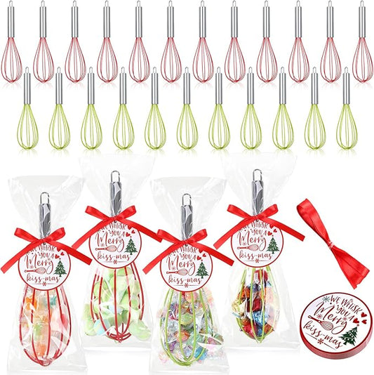 72 Sets 8 Inch Christmas Whisks Gifts DIY Fillable Christmas Tree Ornaments Xmas Colored Silicone Whisks for Cooking Heat Resistant Egg Beaters with Card Rope Bag for Candy Holder