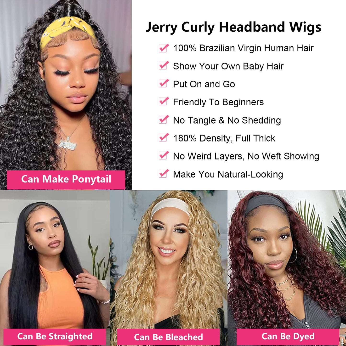 G&T Headband Wig Human Hair 24 inch Curly Headband Wigs for Black Women 180% Density Glueless Wear and Go Wig 100% Brazilian Human Hair Curly Wave Headband Wigs Natural Color
