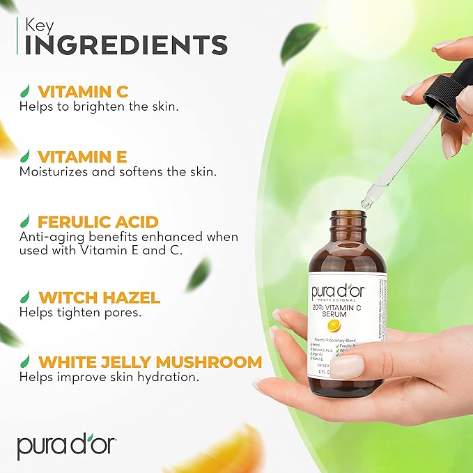 PURA D'OR 20% Vitamin C Serum 4 Oz - Lightweight Maximum Strength Formula - Retinol, Hyaluronic Acid, Ferulic Acid - Professional Grade Treatment For Face & Eyes, Wrinkles - Men & Women