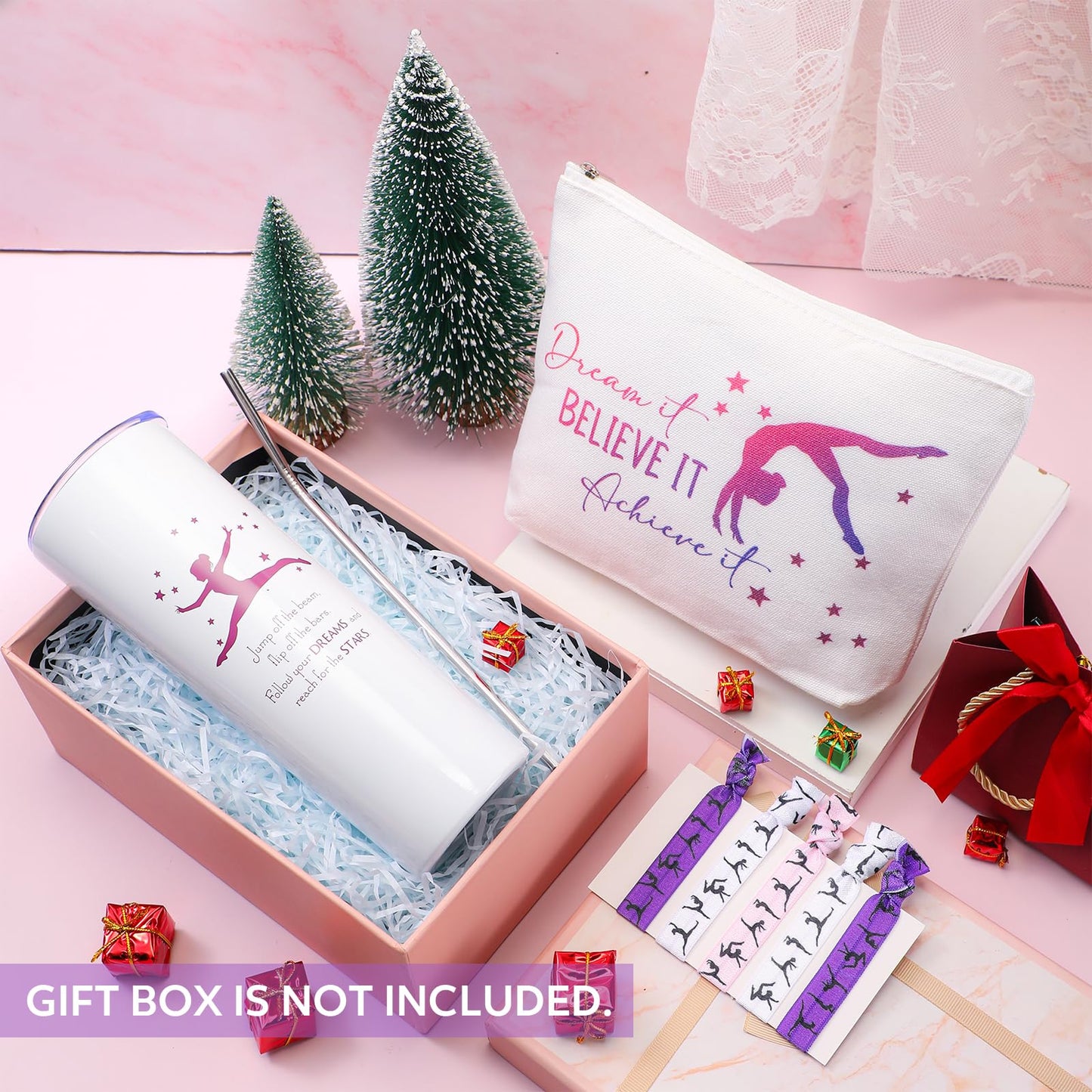 Junkin 3 Pcs Christmas Gymnastics Gifts for Women Include Stainless Steel Tumbler with Straw Makeup Bag Elastics Hair Ties for Gymnastics Lover(Purple)