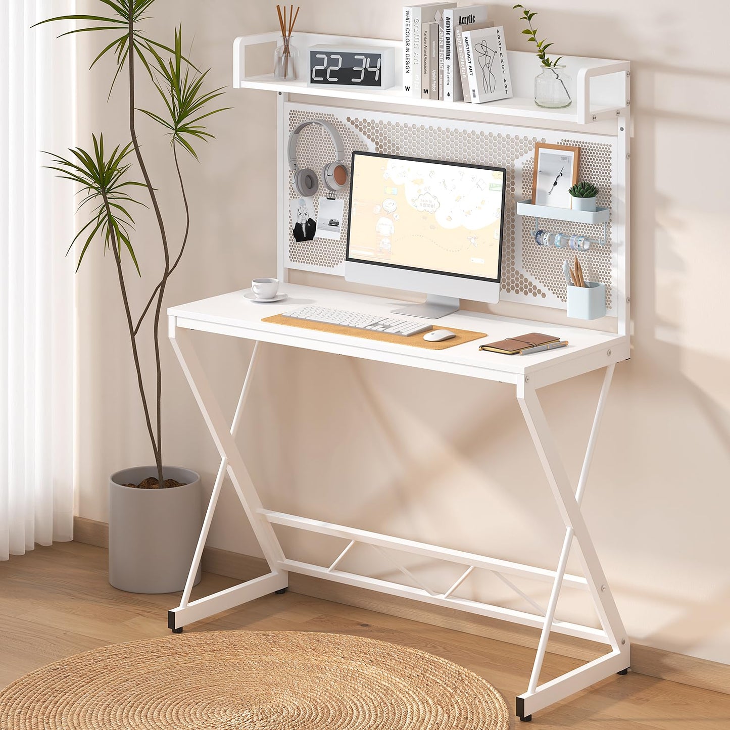 Elephance Computer Desk with Storage Shelves & Pegboard, 39inch Gaming Desk Writing Desk DIY Study Writing Workstation Table, Modern Office Desk for Home Dorm Office, White