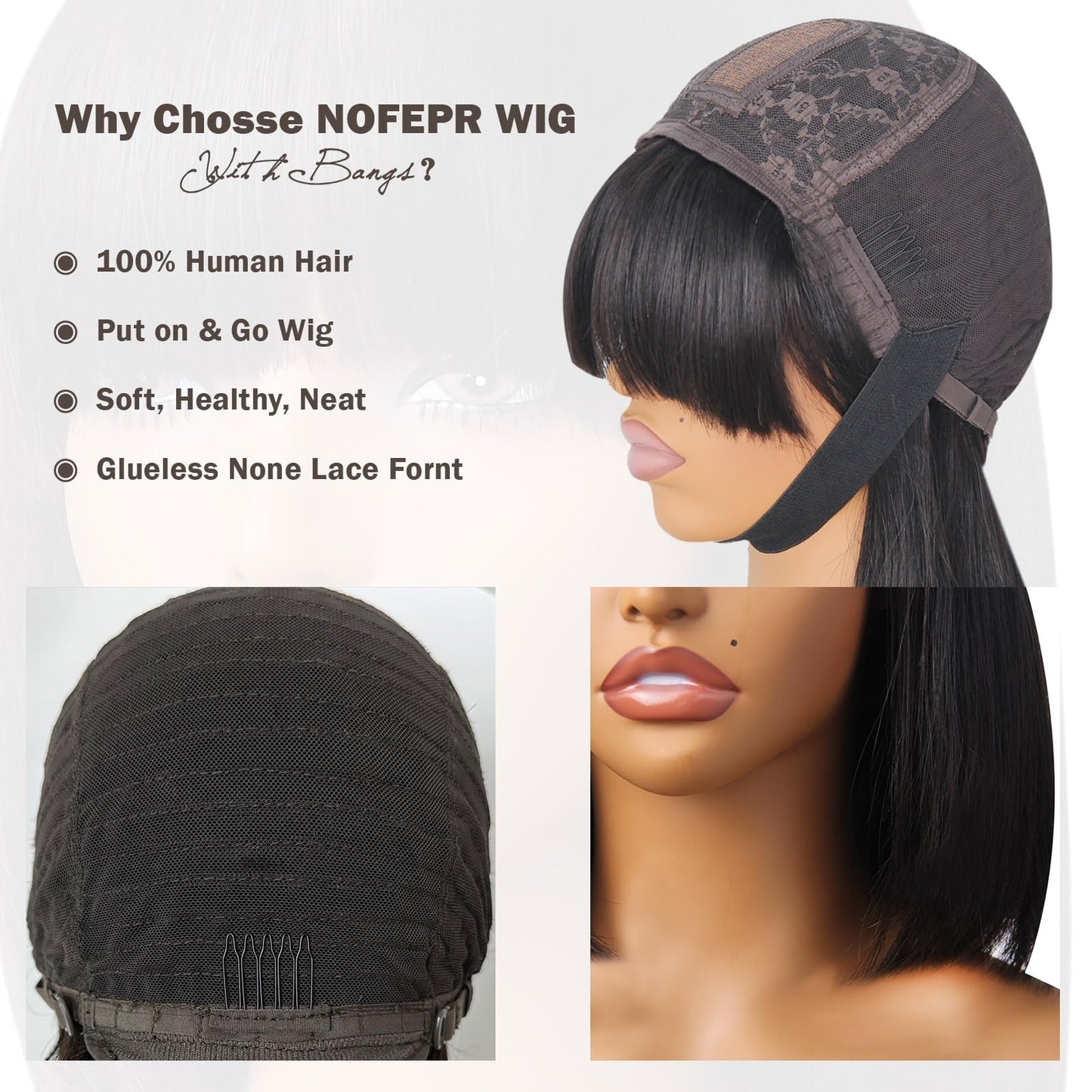 HAIRHOBBY Wigs With Bangs Human Hair, 12 IN Realistic Look Natural Straight 2x1 HD Lace Glueless Bangs Wigs For Woman, Wear And Go Brazilian Virgin 180% Density Short Blunt Cut Wigs