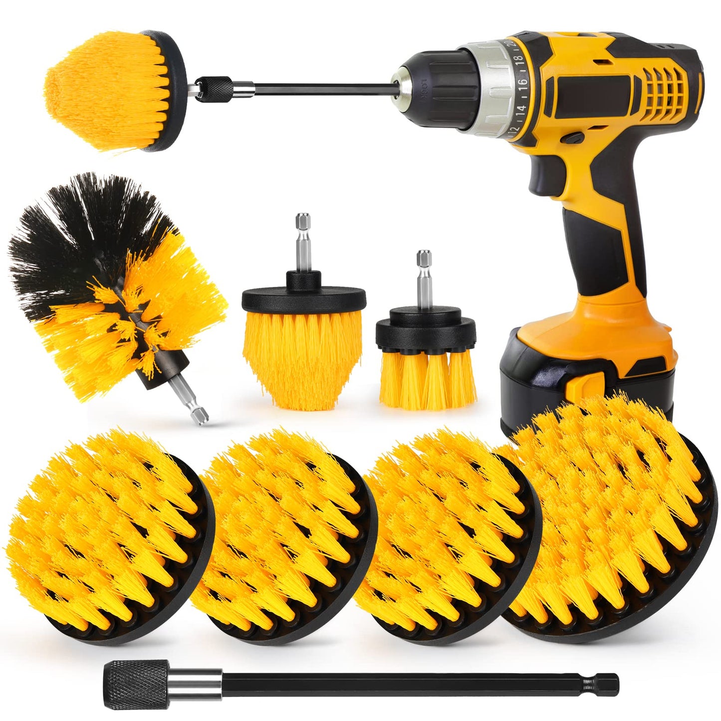 Drill Brush Attachment Set, 7 Pack 1/4in Power Scrubber Brush + Extend Long Rod, Brush Drill Attachment, Power Cleaning Scrub Brush for Bathroom, Tub, Tile, Corner, Floor