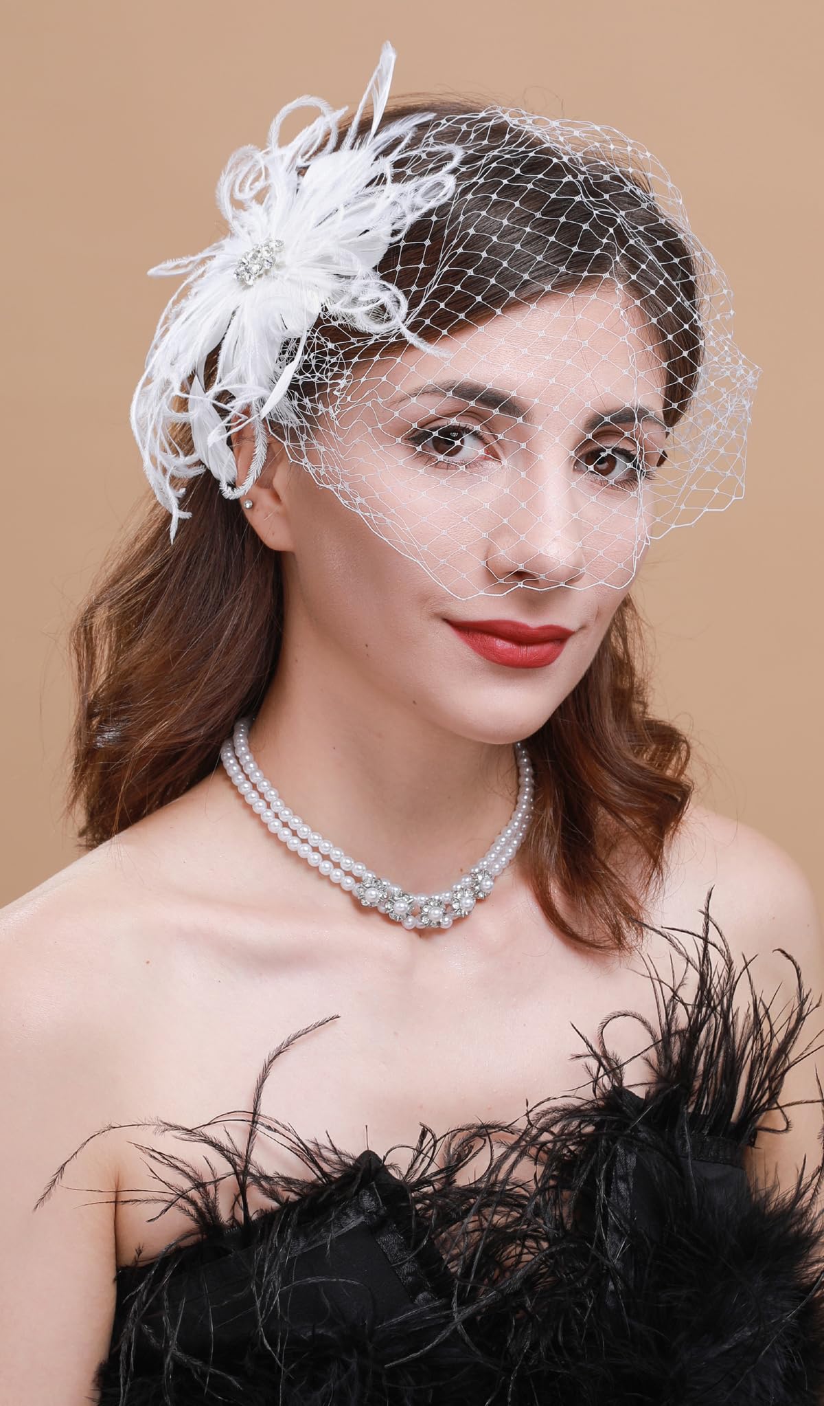 Cizoe 1920s Flapper Fascinator Mesh Face Veil Headband Bridal Wedding Tea Party Headwear with Veil for Women(G-Feather and Mesh White)