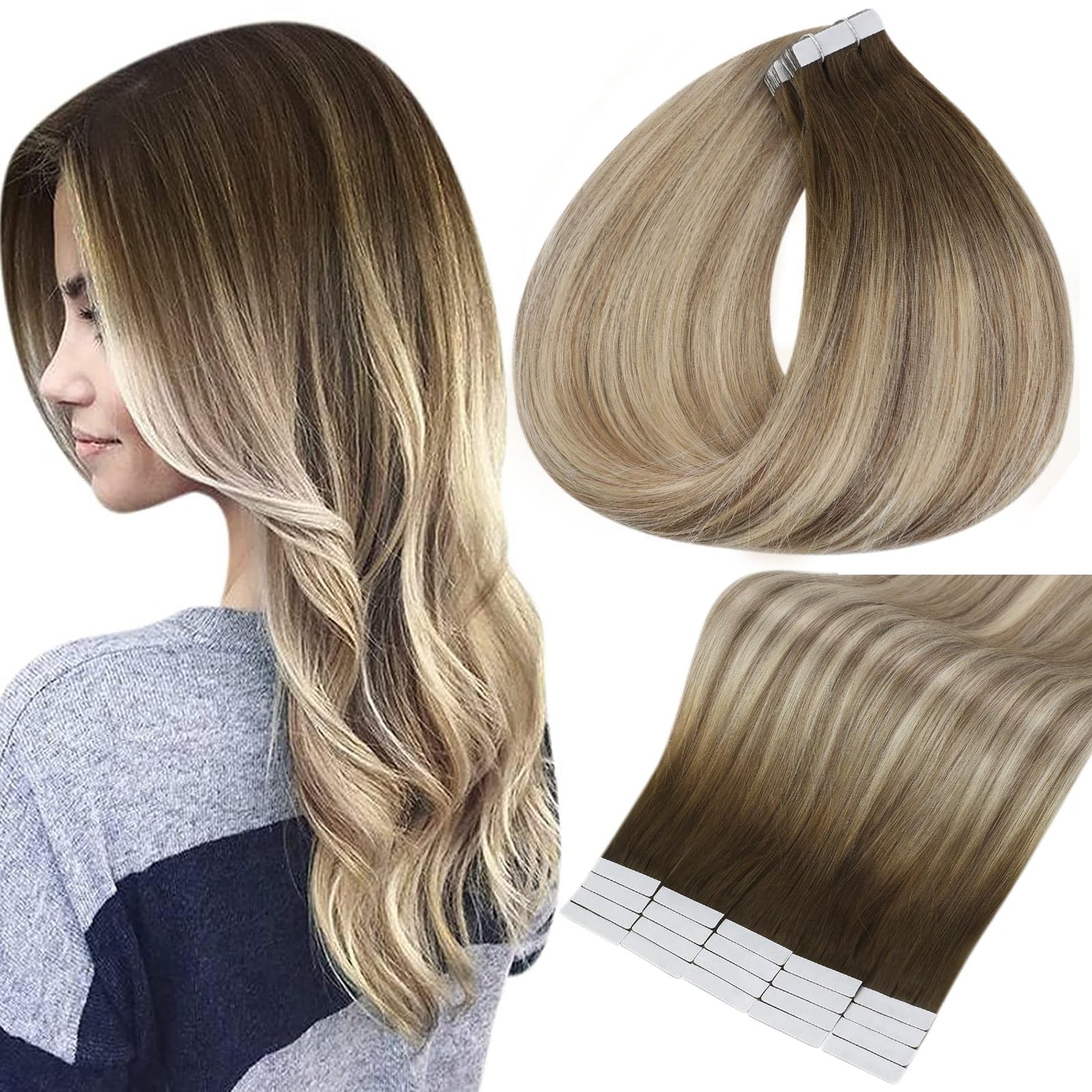 Full Shine Tape in Hair Extensions 20 Inch Human Hair Tape Hair Extensions Balayage Color 3 Dark Brown Fading to 8 and 22 Blonde Highlighted Glue in Hair Extensions 50 Grams 20Pcs