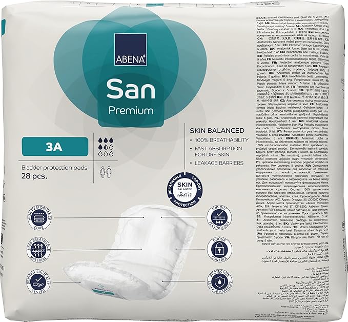 Abena San Premium Incontinence Pads, Light Absorbency, (Sizes 1 to 3A), Size 3A, (Pack of 3, 84 Count Total)