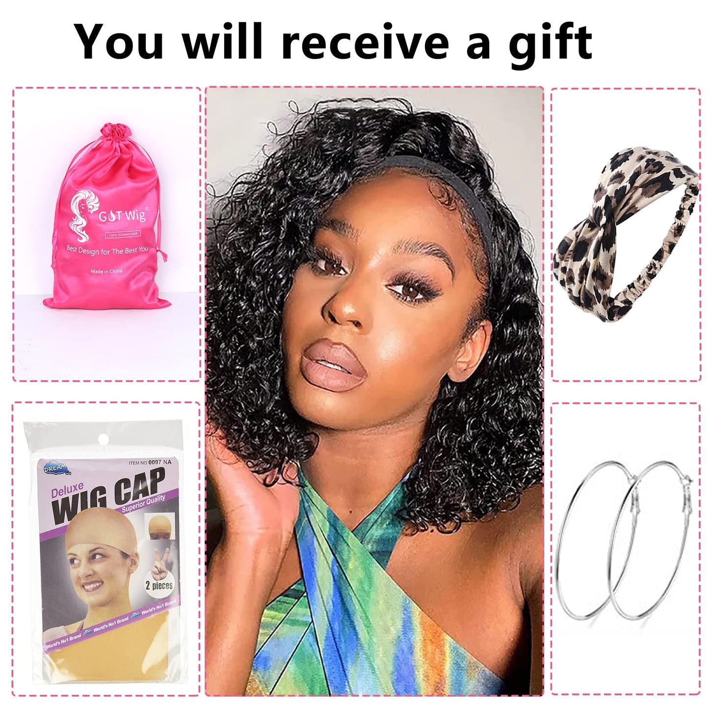 G&T Headband Wig Human Hair 24 inch Curly Headband Wigs for Black Women 180% Density Glueless Wear and Go Wig 100% Brazilian Human Hair Curly Wave Headband Wigs Natural Color