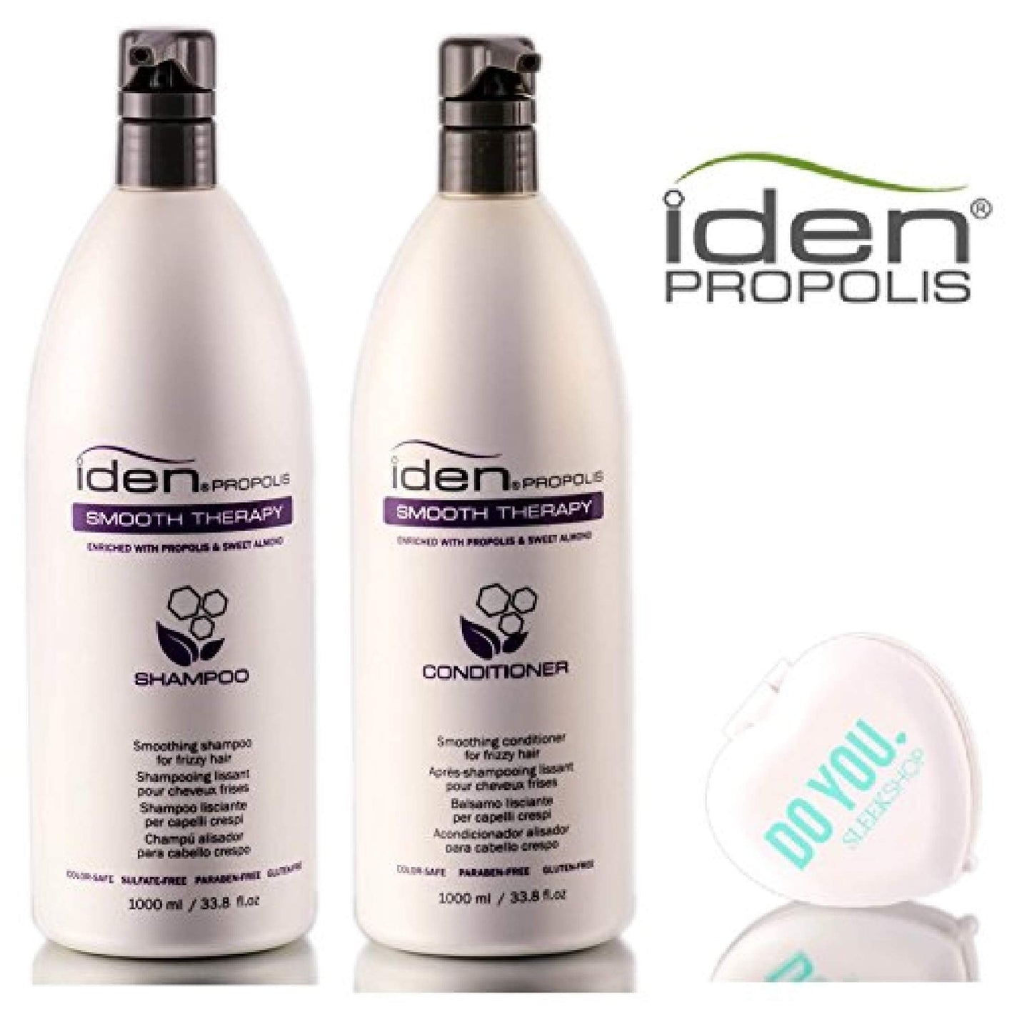 Iden Bee Propolis SMOOTH THERAPY Shampoo & Conditioner DUO Set (with Sleek Compact Mirror) (33.8 oz / 1000ml - Large Liter DUO Kit)