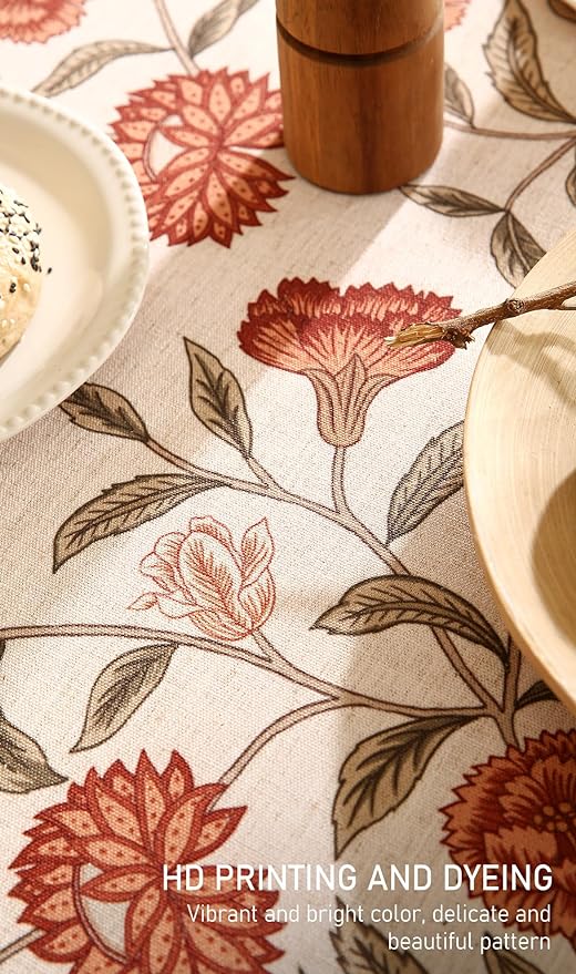 ISAENNE Designer French Small Rectangle Tablecloth,Linen Orange Floral Pattern Indoor Table Cloth,Wrinkle Resistant Decor Table Cloth for Dining Thanksgiving Kitchen Party,55"*71"-Alvarado D