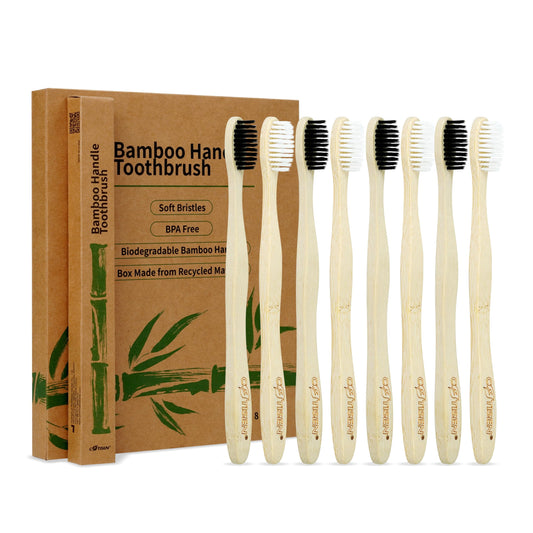 COTISEN Biodegradable Natural Bamboo Toothbrush, Eco-Friendly & Sustainable Soft Bristles, Organic Compostable Handle, 8 Pcs, Black & White