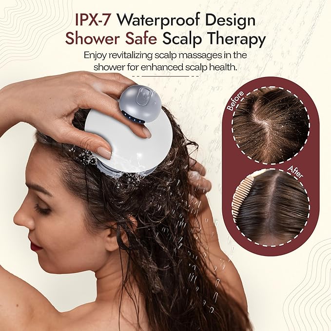 Electric Scalp Massager Hair Growth w/ 4 Massage Modes & Oil Compartment - Head Massager Scalp Stress Relax, Scalp Health - Removable Silicone Heads, Rechargeable, Pain Relief for Dry & Itchy Scalp
