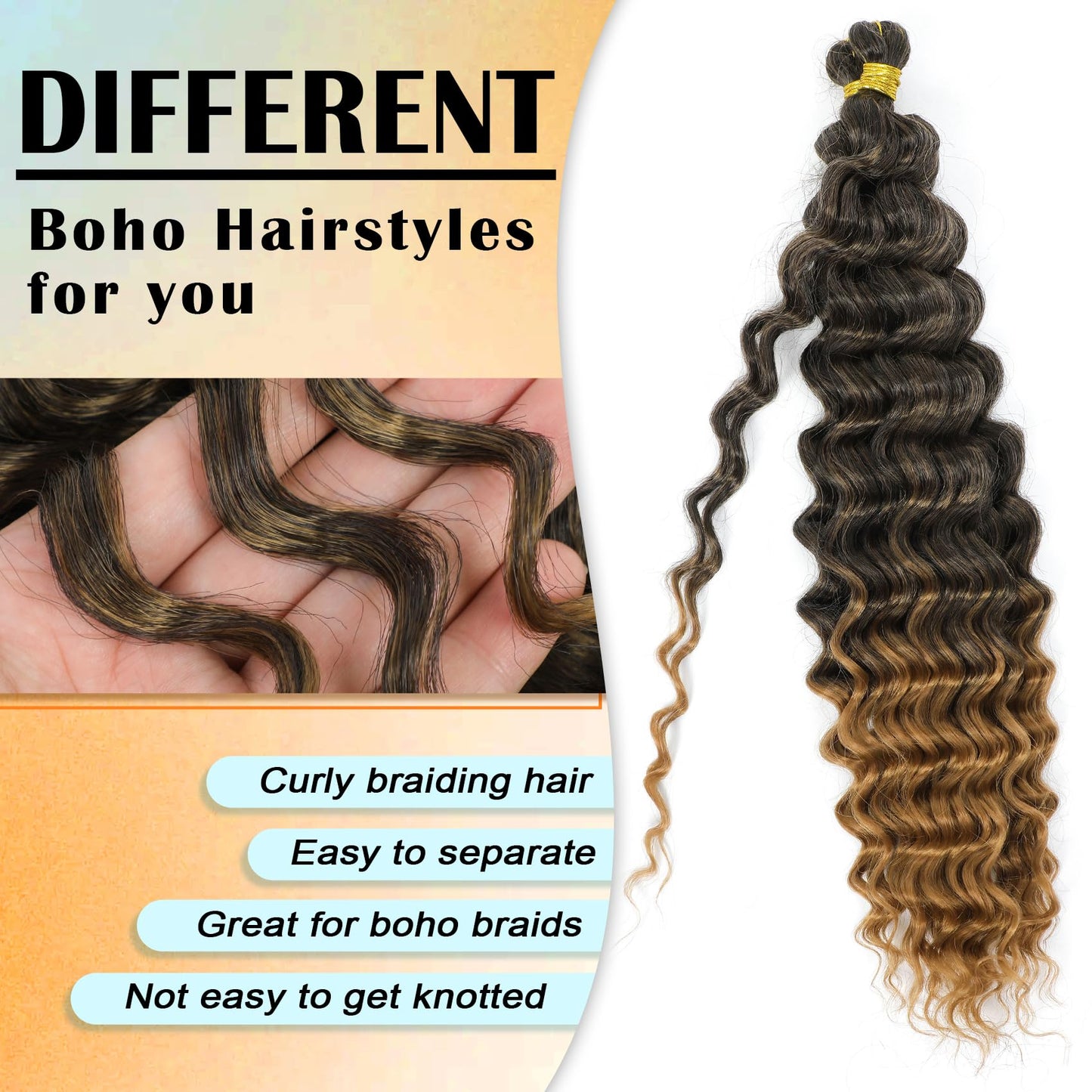Eerya Long Curly Braiding Hair 24 Inch 2 Packs Ocean Wave Crochet Hair for Black Women Deep Wave Braiding Hair for Boho Braids（24 inch, T1B/27）