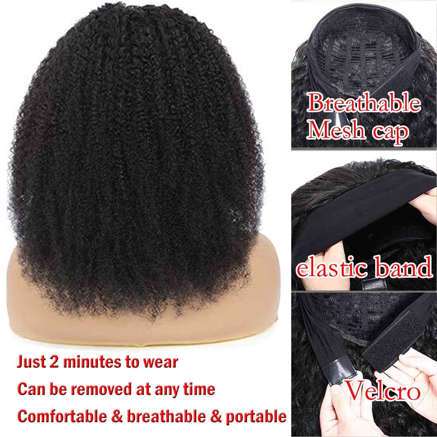 ZFY 22 Inch Deep wave Headband Wig Human Hair 180% Density Curly Glueless Wigs Human Hair Wet and Wavy Headband Wigs for Women Natural Black Color