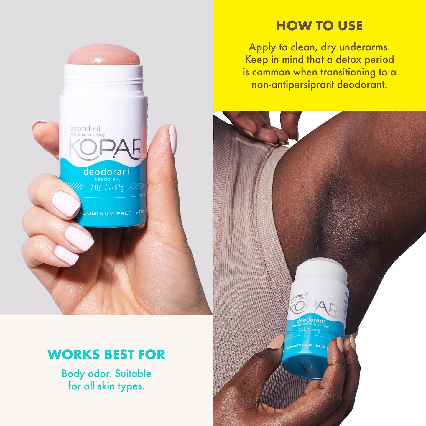 Kopari Aluminum Free Coconut Deodorant, Non Toxic & Clean Plant-Based, No Parabens or Baking Soda, Long Lasting Protection, Original & Charcoal 2 Pack