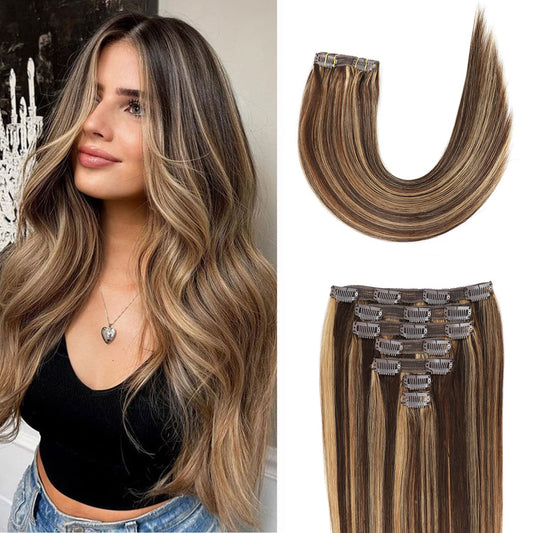 Clip in Hair Extensions Real Human Hair 22Inch 120g/set Straight Human Hair Clip in Extensions 7pcs Thick Remy Brazilian Human Hair Clip ins for Women Balayage Chocolate Brown to Caramel Blonde Color