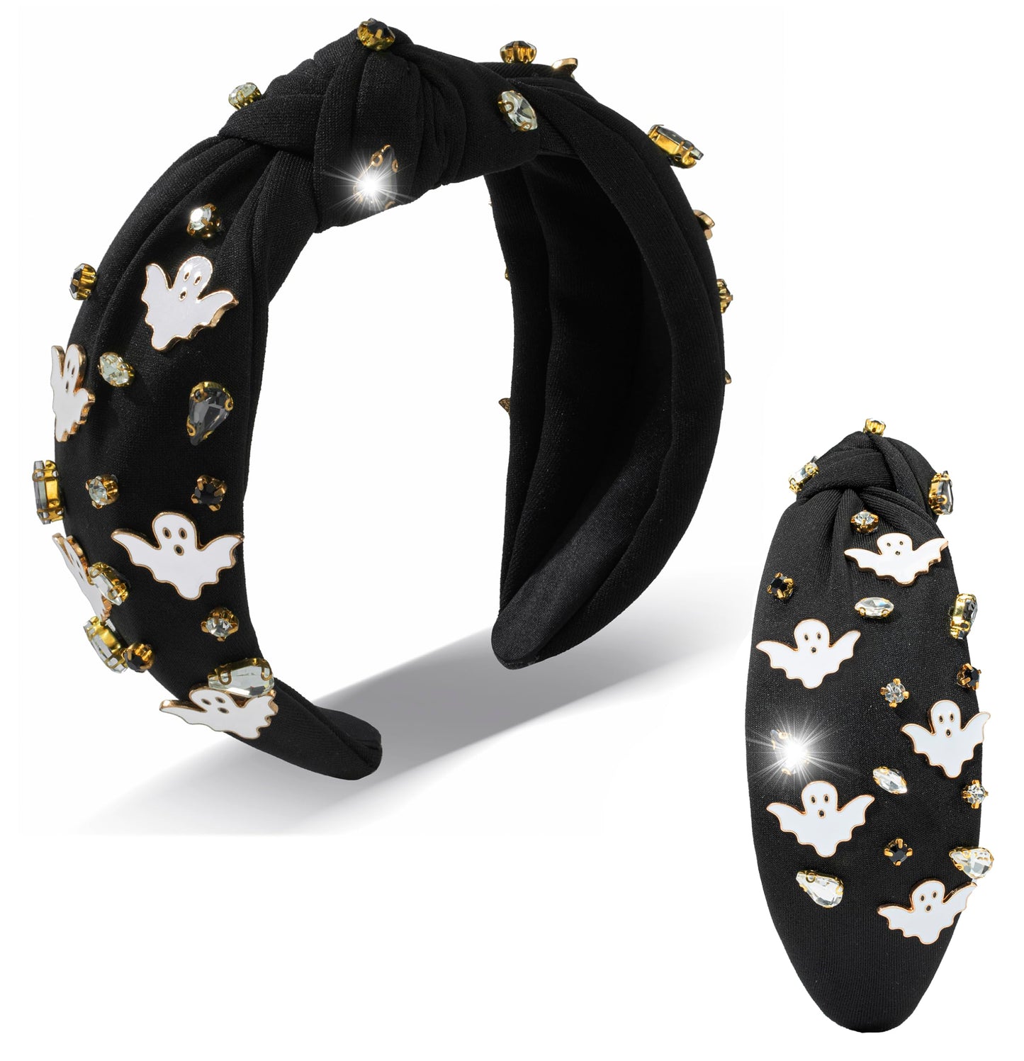 Halloween Ghost Black Headband for Women Halloween Black White Rhinestone Jeweled Knotted Headband Holiday Sparkly Crystal Embellished Mixed Top Hairband Makeup Hair Hoop Gifts(crystal-ghost)