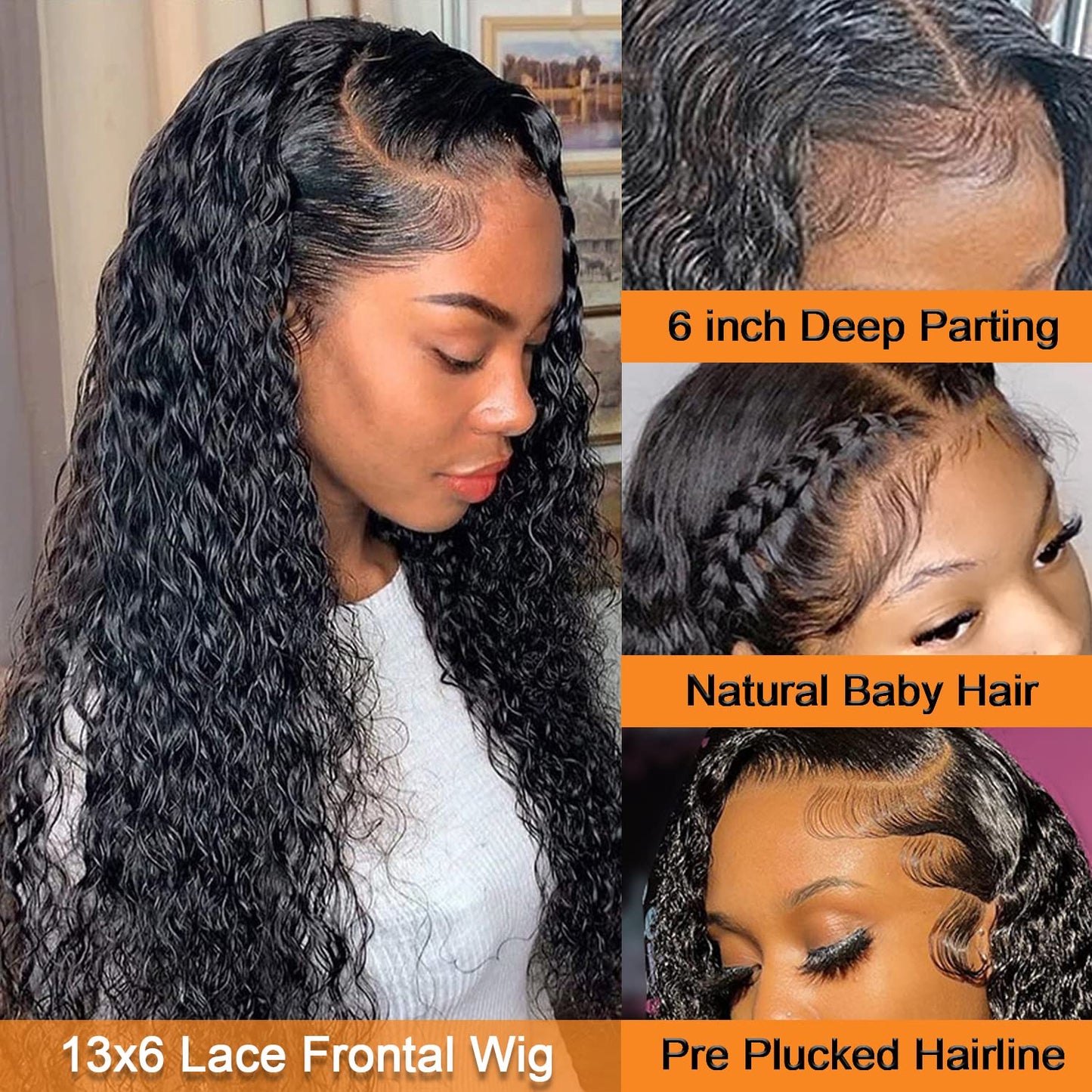 Deep Wave Lace Front Wigs Human Hair Wigs for Black Women 13x6 Glueless Lace Front Human Hair Wig Deep Curly Pre Plucked with Baby Hair 150% Density Brazilian Virgin Hair Natural Color (13x6-20)