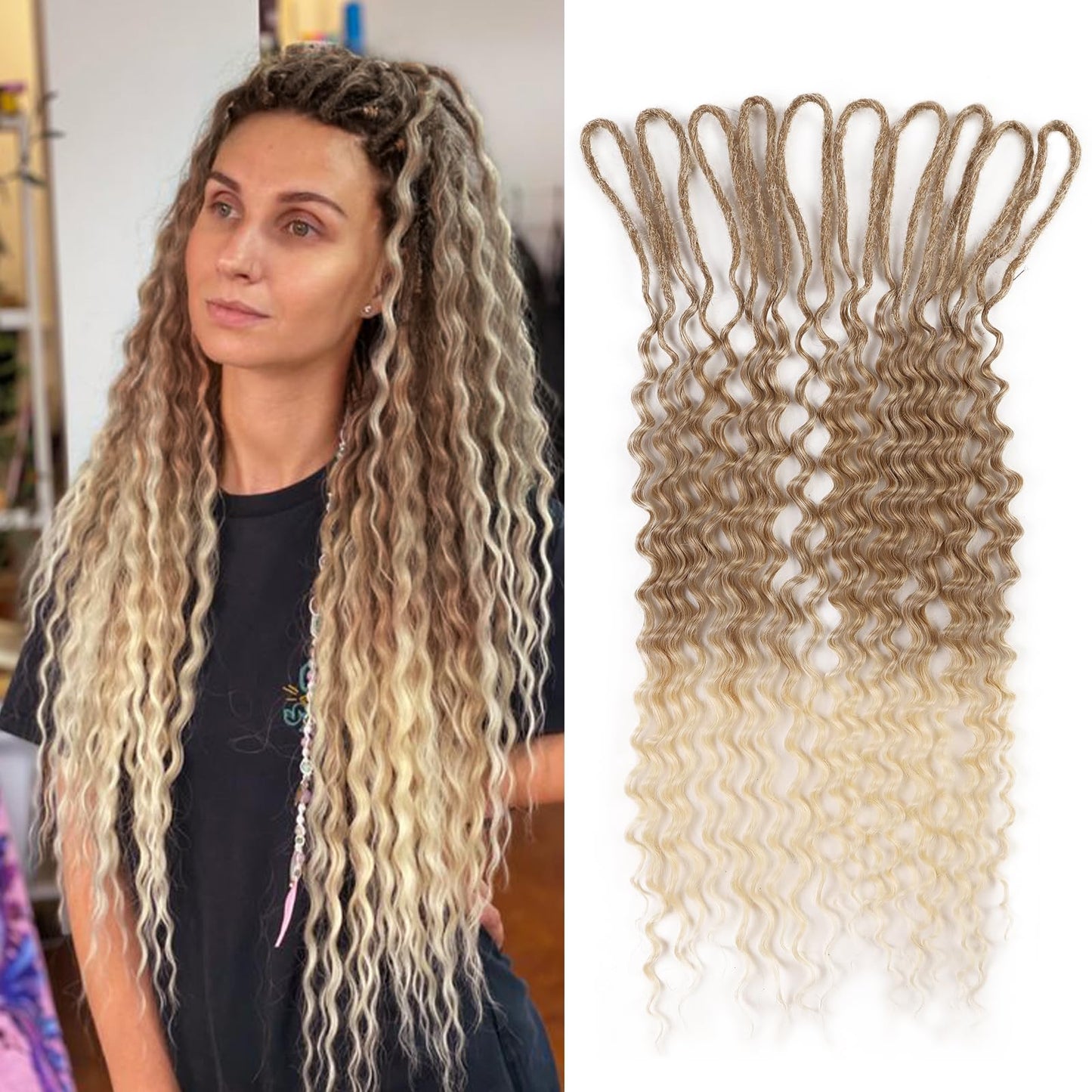 HANNE Double Ended Curly Dreadlock Extensions for Black Women and Men 24 Inch 10 Strands Ombre Blonde Curly Synthetic Wavy Dreadlock Extensions (24 inch, MT27/613)