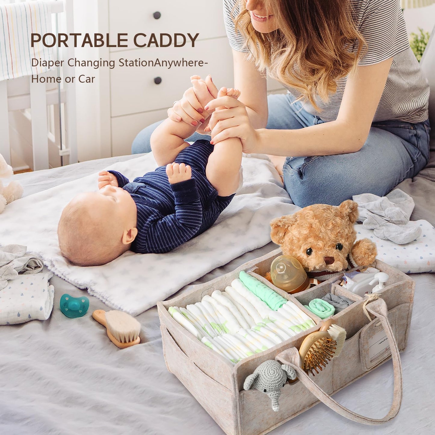 GEMII Baby Diaper Caddy Organizer with Handle, Newborn Baby Essentials Registry Search Must Haves, Shower Gift Basket Boy&Girl, Portable Diaper Storage Basket Bin, Car Caddy Organizer (Oatmeal, Large)
