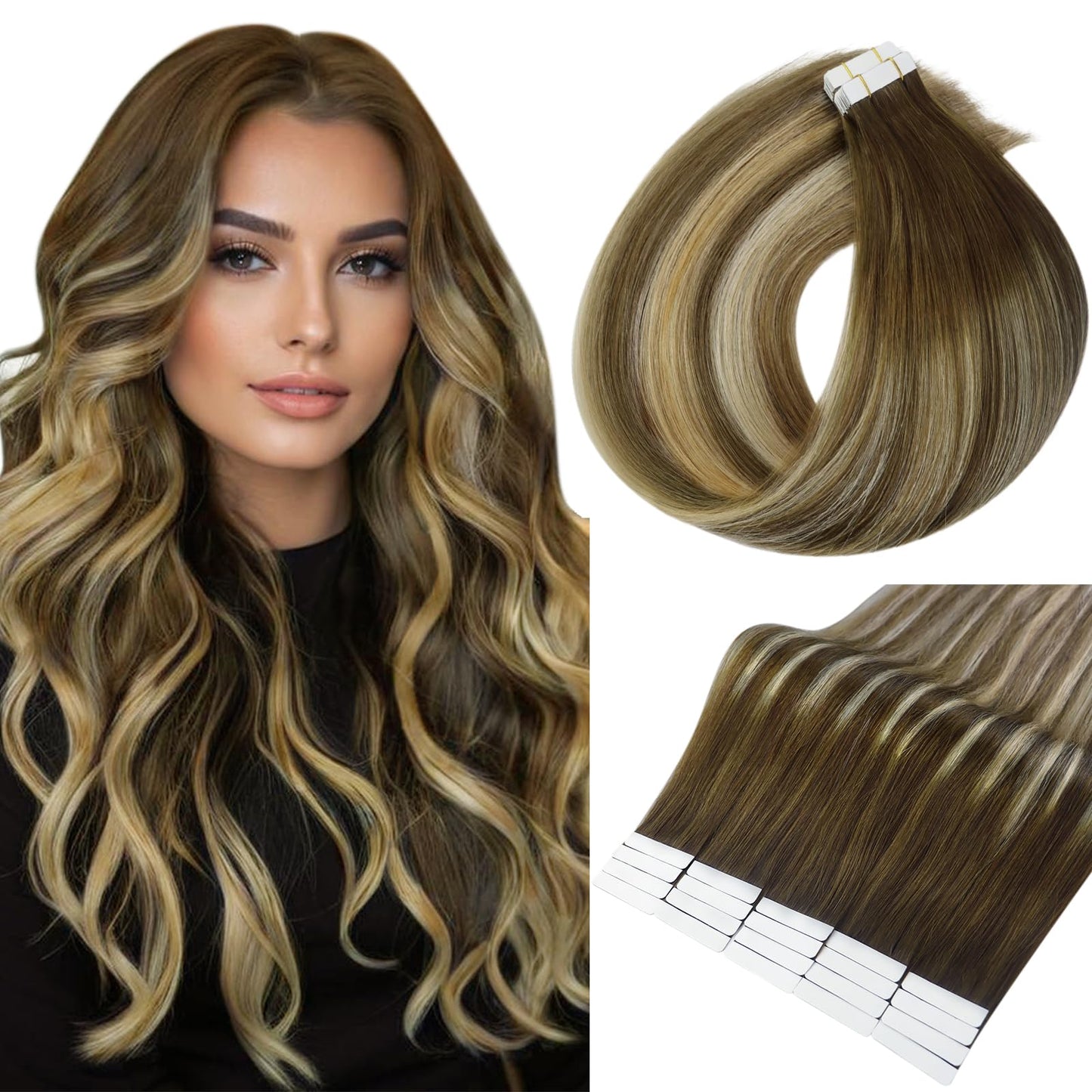 Full Shine Tape In Hair Extensions Real Human Hair Balayage Color 4/27/60/8 Ombre Brown And Blonde Seamless Skin Weft Tape In Extensions 12 Inch Silky Soft Hair Extensions 20 Pcs 30 Gram For Women