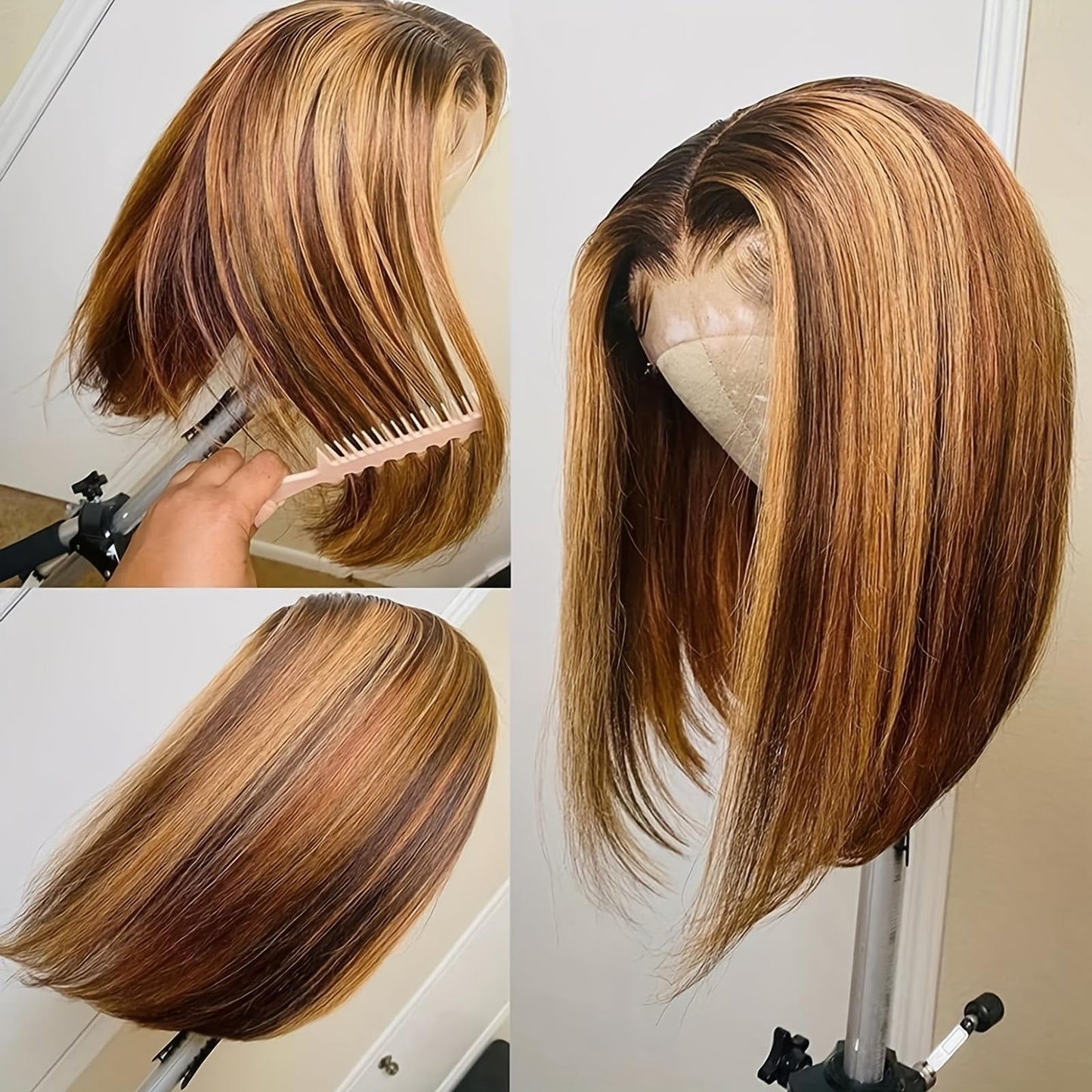 Highlight Bob Wig Human Hair Ombre Honey Blonde 13x4 Lace Frontal Wigs for Black Women 4/27 Bob Lace Front Wig Brazilian Virgin Human Hair Bob Wig 180% Density Pre Plucked with Baby Hair 14inch