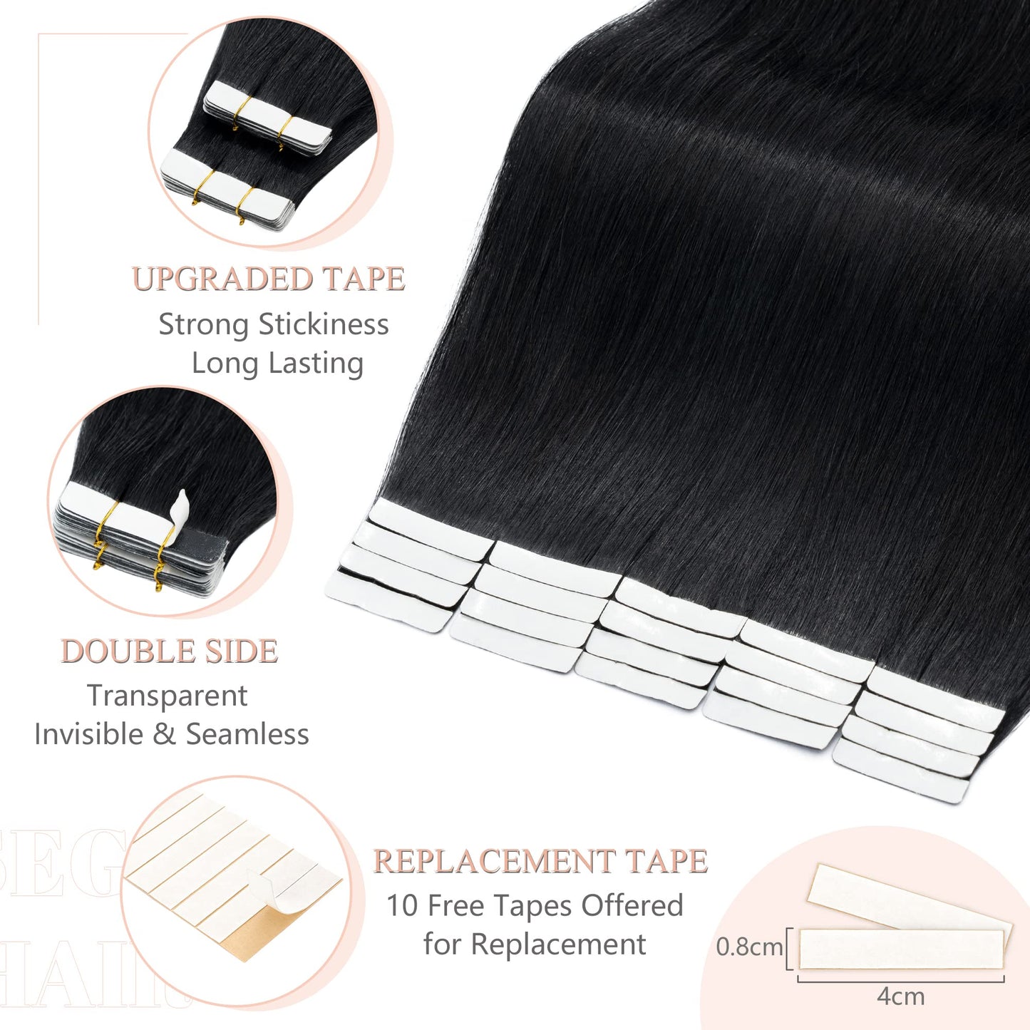 SEGO Tape in Hair Extensions Human Hair 18 Inch 100g 40pcs Natural Straight 100% Remy Rooted Seamless Skin Weft Invisible Double Sided Tape Hair for Women-Jet Black