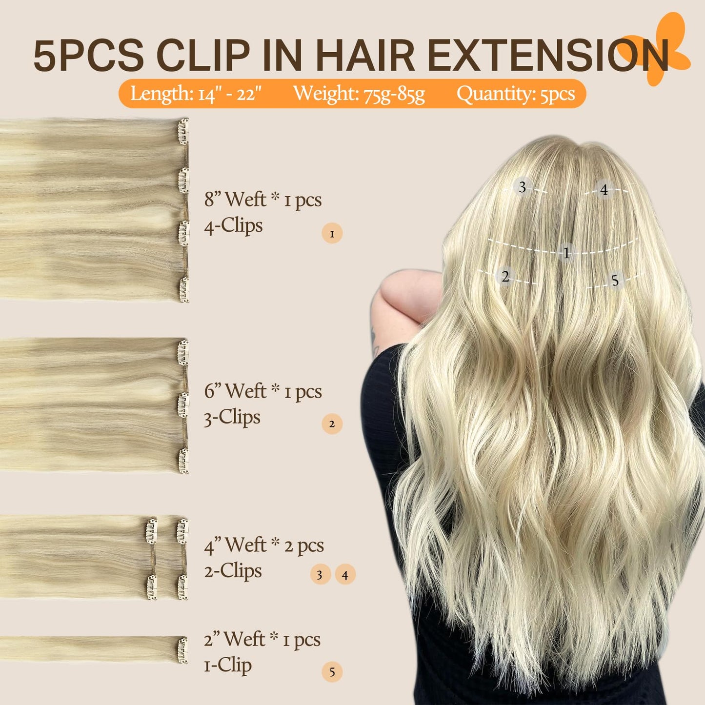 DOORES DOORES Classic Clip Seamless Clip, 5pcs 80g 18 Inch Balayage Ash Blonde to Golden Blonde and Platinum Blonde