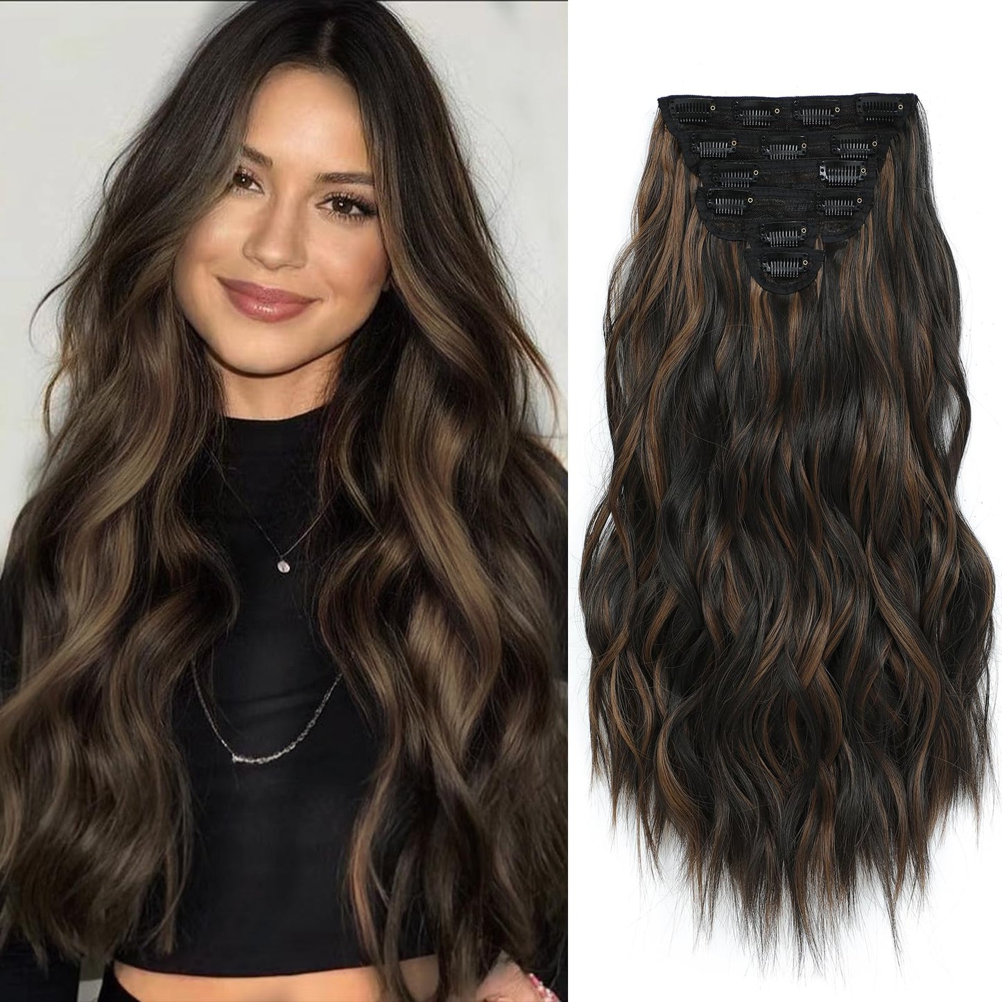 Flvaco Clip In Synthetic Hair Extensions 6PCS 20 Inch Wavy Long highlights Brown Hair Extensions Thick Clip Ins Hairpieces Double Weft Full Head For Women Extension(230G,Auburn Chestnut)
