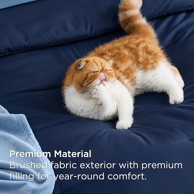 Bedsure Queen Comforter Set Navy Blue, 8 Pieces Prewashed Queen Size Bed in a Bag with Soft Fleece Bed Blanket, Down Alternative Bedding Set for All Seasons, Sheets, Pillowcases & Shams