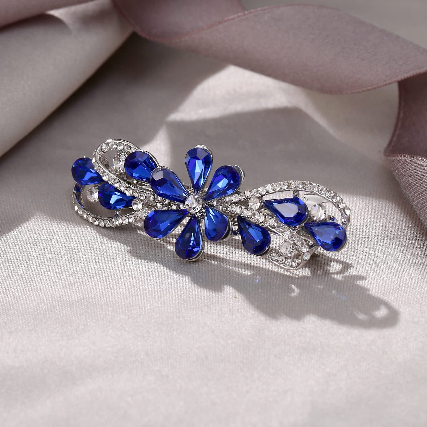 EVER FAITH Bridal Austrian Crystal Hair Barrette Clip, Gorgeous Waterdrop Flower Hair Accessories for Women Blue Silver-Tone