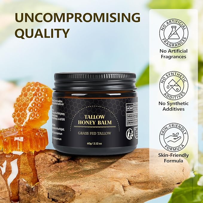 JUANCHI Beef Tallow for Skin, Tallow and Honey Balm for Face, Grass Fed Beef Tallow for Face & Body, Deeply Nourishing, Soothes Dry Skin (60g/2.12oz)