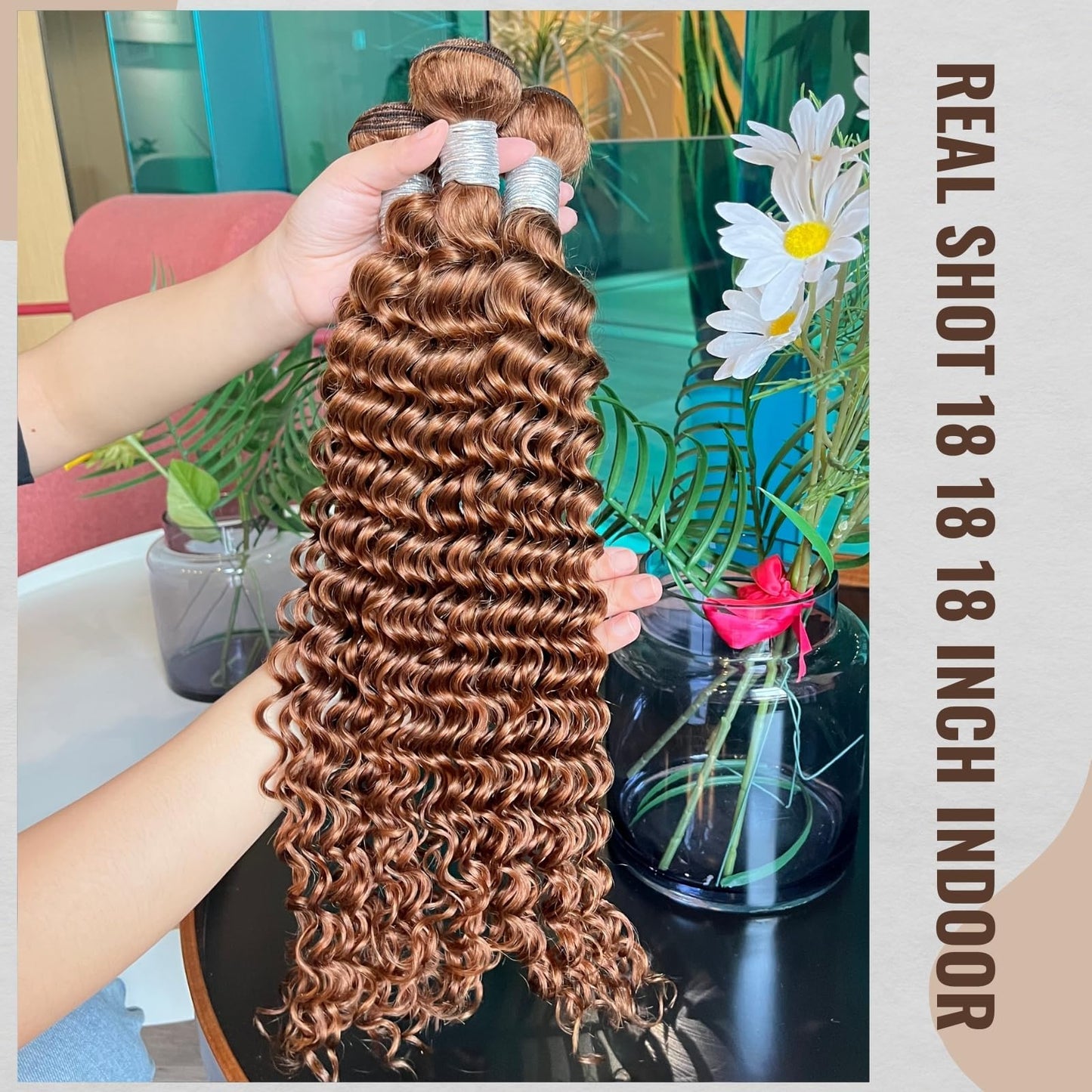 MOMOSHERO Deep Wave Human Hair Bundles Color 30 Light Auburn Curly 3 Bundles Human Hair 12 14 16 Inch, 100% Unprocessed 10A Virgin Remy Bouncy Wholesale Hair Brown Curly Sew In Hair Bundles Human Hair