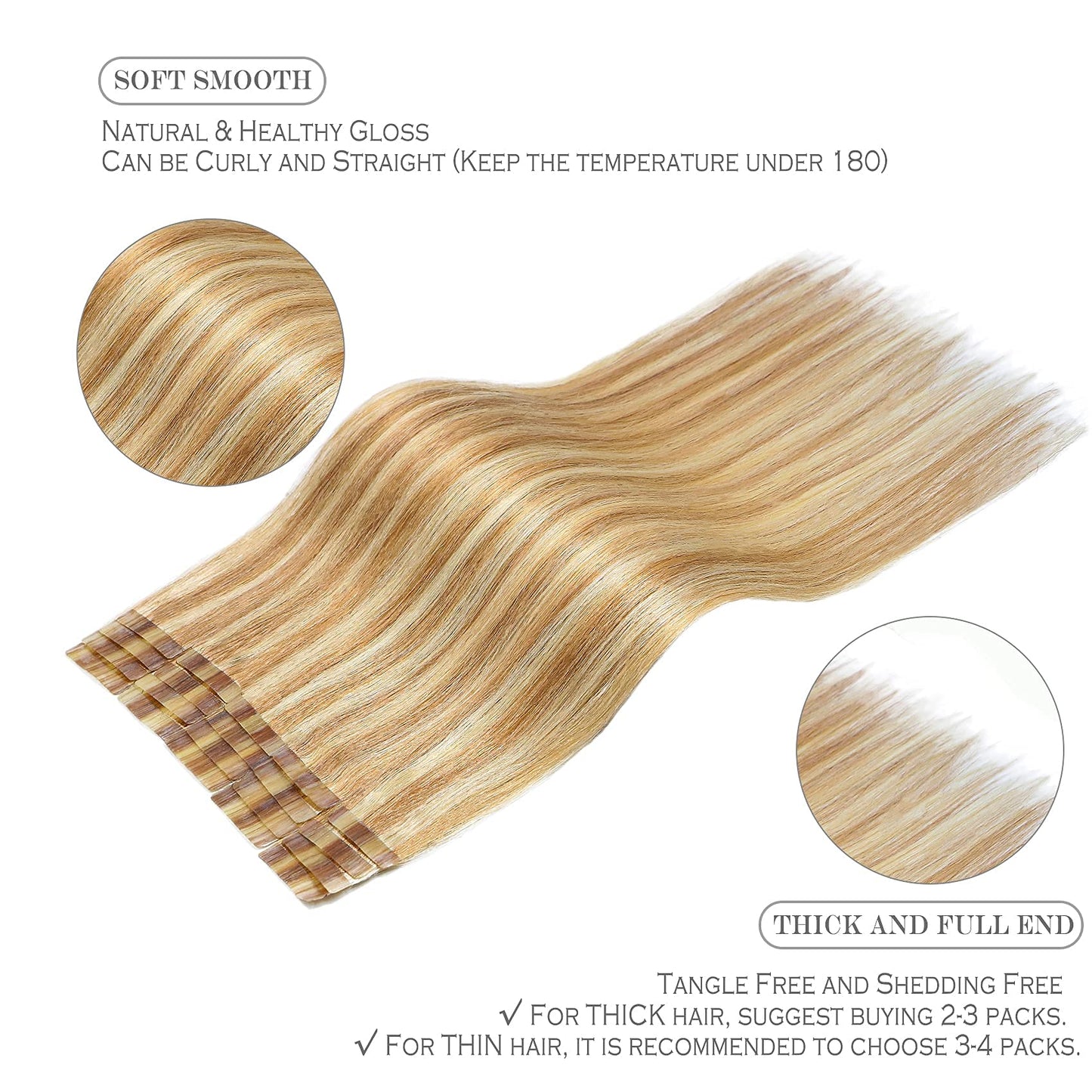 Tape in Hair Extensions Remy Human Hair Ombre Color Golden Brown Highlights Bleach Blonde Invisible Skin Wef 22inch 60g 20 Pieces Staight Tape ins for Fashion Women