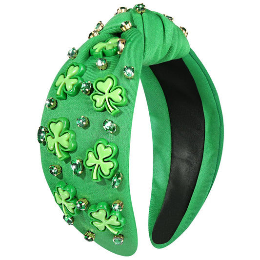 CEALXHENY Women's St. Patrick's Day Headband, Green Shamrock Embellished Crystal Rhinestone Knotted Headband, Irish Holiday Gifts (Shamrock 2)