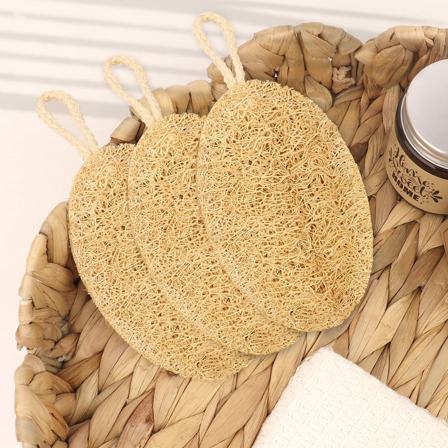 FRTIM 3Pcs Natural Loofah Exfoliating Body Scrubber,Shower Loofah for Back and Face Skin, Back Scrubber for Men Wowen,Scrub Sponges Biodegradable Eco Friendly Sponges, Non-Scratch-Oval