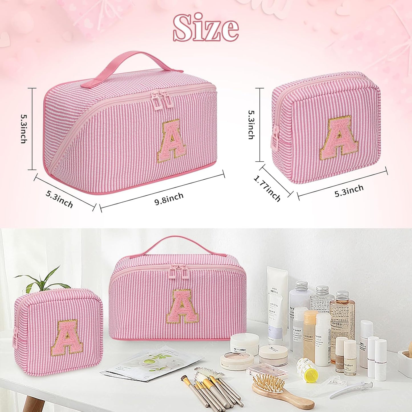 Travel Makeup Bag for Women, 2Pcs Portable Personalized Initial Makeup Organizer Bag, Open Flat Large Cosmetic Bag With Travel Essential Pouch (Pink Letter C)
