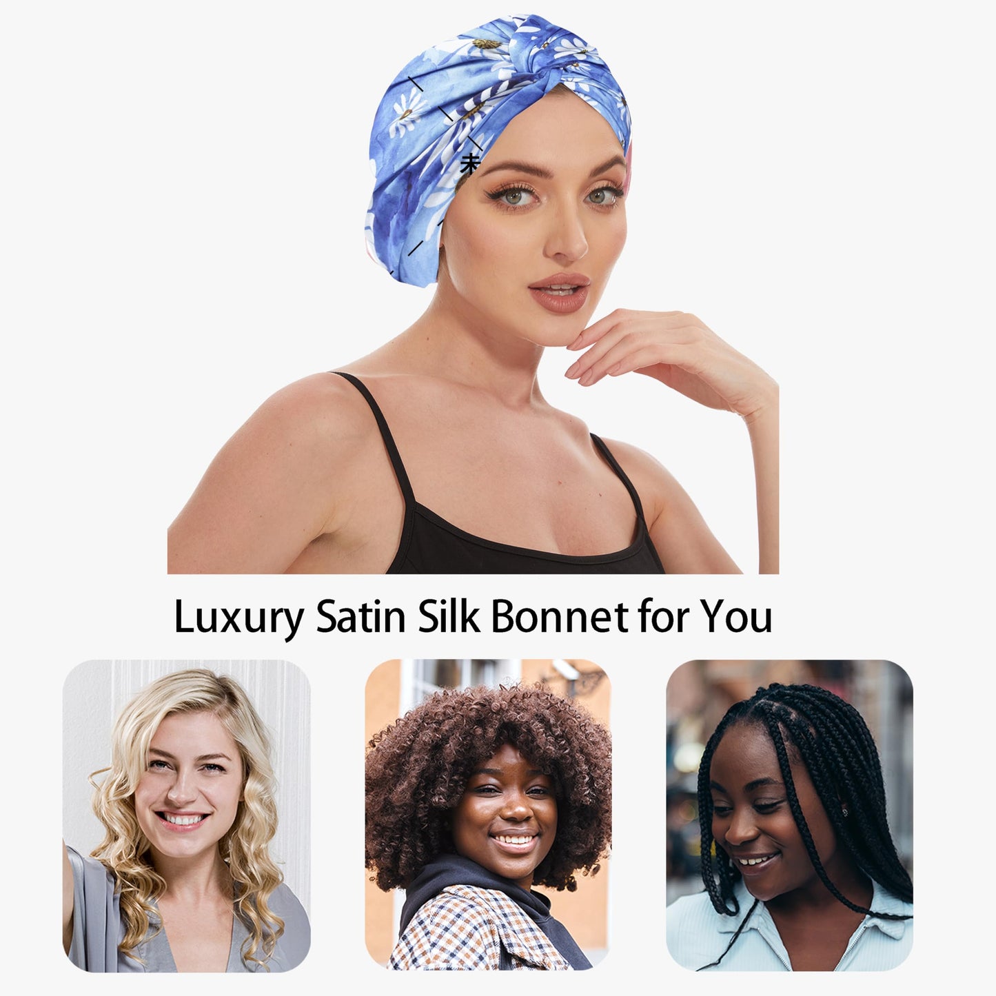 Adjustable Silk Satin Bonnet for Sleeping Hair Wrap, Double Layer Sleep Cap, Night Turban for Large Long Curly Braid Women Men Hair - Daisy