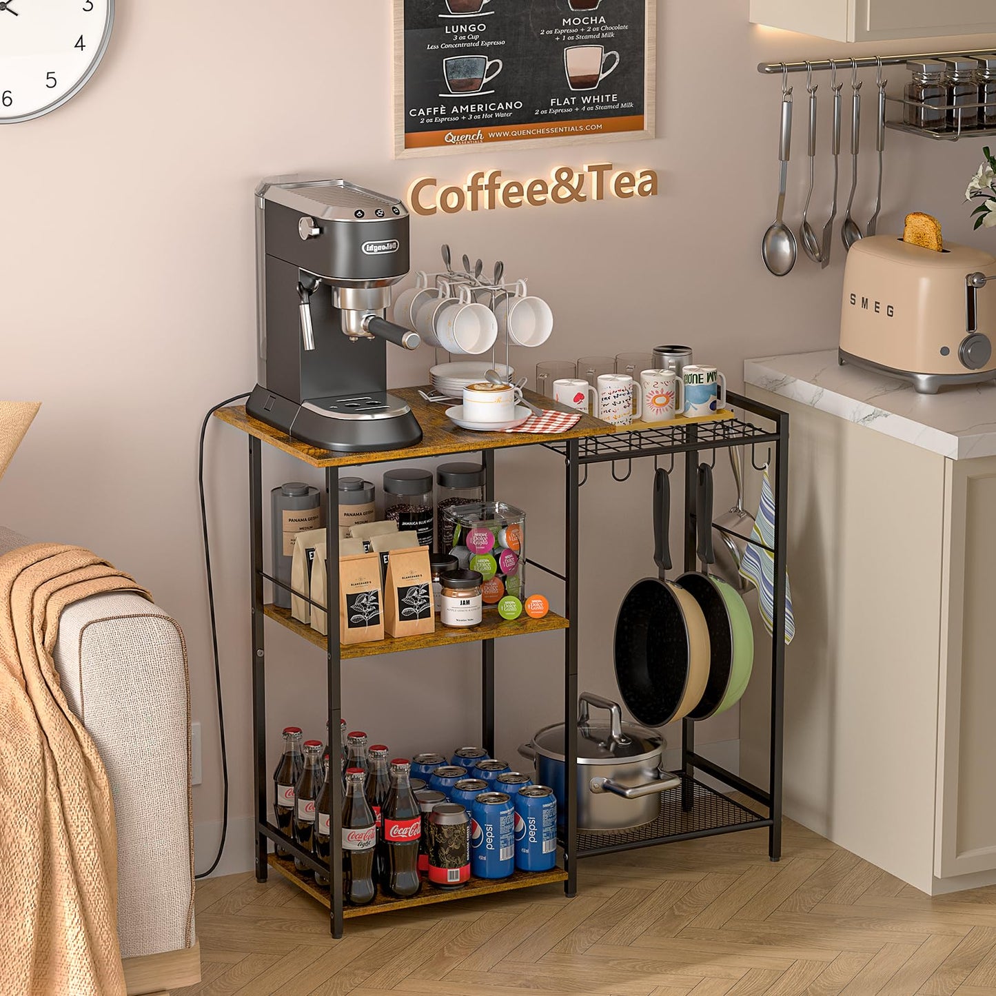 Kitchen Stand with Pots Rack, Utility Microwave Oven Stand with Storage, 5 Tiers Coffee Bar Table, Small Kitchen Bakers Rack with 6 S Hooks, Kitchen Storage Shelf Rack for Spices, Pots, Rustic Brown