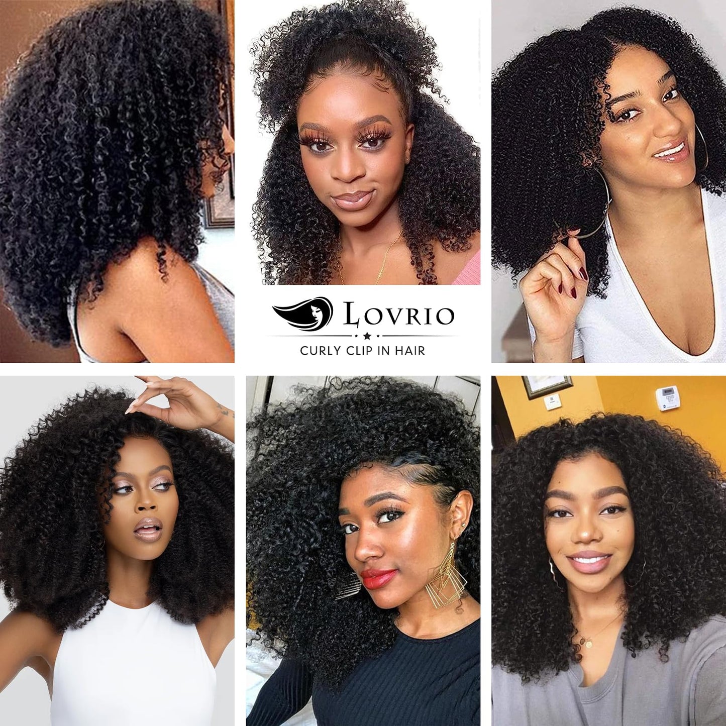 Lovrio Kinky Curly Clip in Hair Extensions, Afro 3C 4A Kinkys Curly Hair Clip ins for Women, Thick Soft 9A Brazilian Remy Human Hair Double Lace Wefts, 7Pcs 120g with 14 Inch