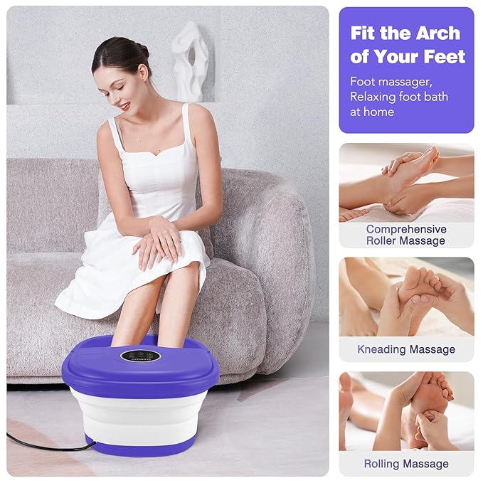 Collapsible Foot Spa Bath with Heat, Remote Control, Temperature Control, Bubbles, Pumice Stone, Red Light, Timer, 16 Massage Roller Pedicure Foot Spa for Relaxation and Stress Relief, Purple