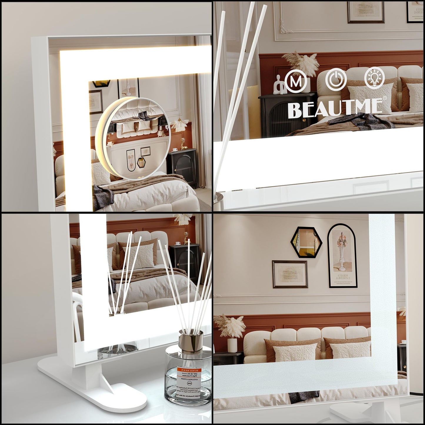 BEAUTME Vanity Mirror,Tabletop Makeup Mirror,Hollywood Mirror,LED Bedroom Mirror with Lights,Lighted Mirror, Aluminium Frame,48.5×40.5cm,White