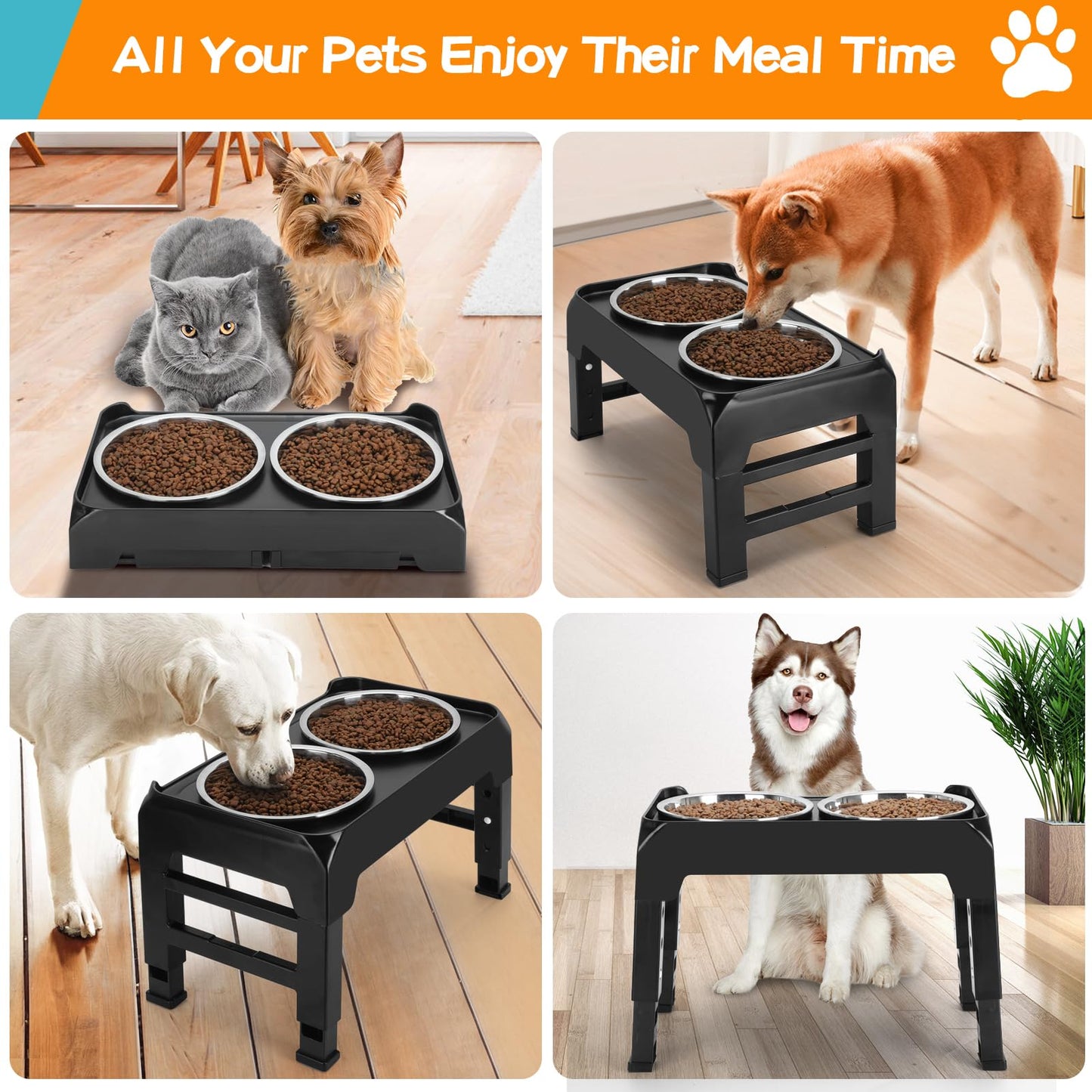 COMESOON Elevated Dog Bowls, 4 Height Adjustable Raised Bowl Stand with 2 Thick 50oz Stainless Steel Food Bowls Non-Slip Feeder Adjusts to 3.7'', 9.2'', 10.75'', 12.36'' Black, (DB-W01)