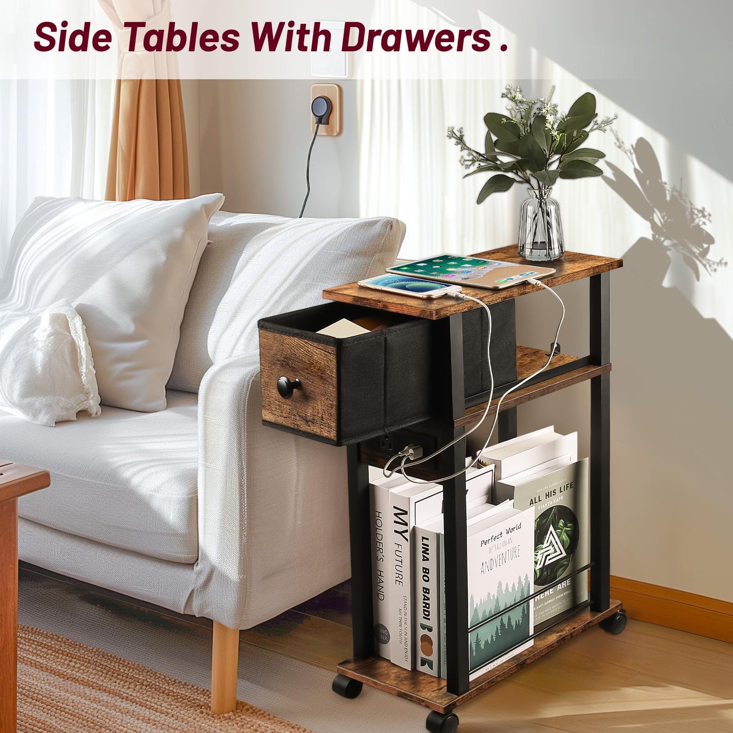 DGSANDGO Side Table with Charging Station and Drawer, Narrow End Table with USB Ports and Outlets for Small Space, Living Room, Bedroom and Office, with 4 Wheels (1, Rustic Brown + Black)