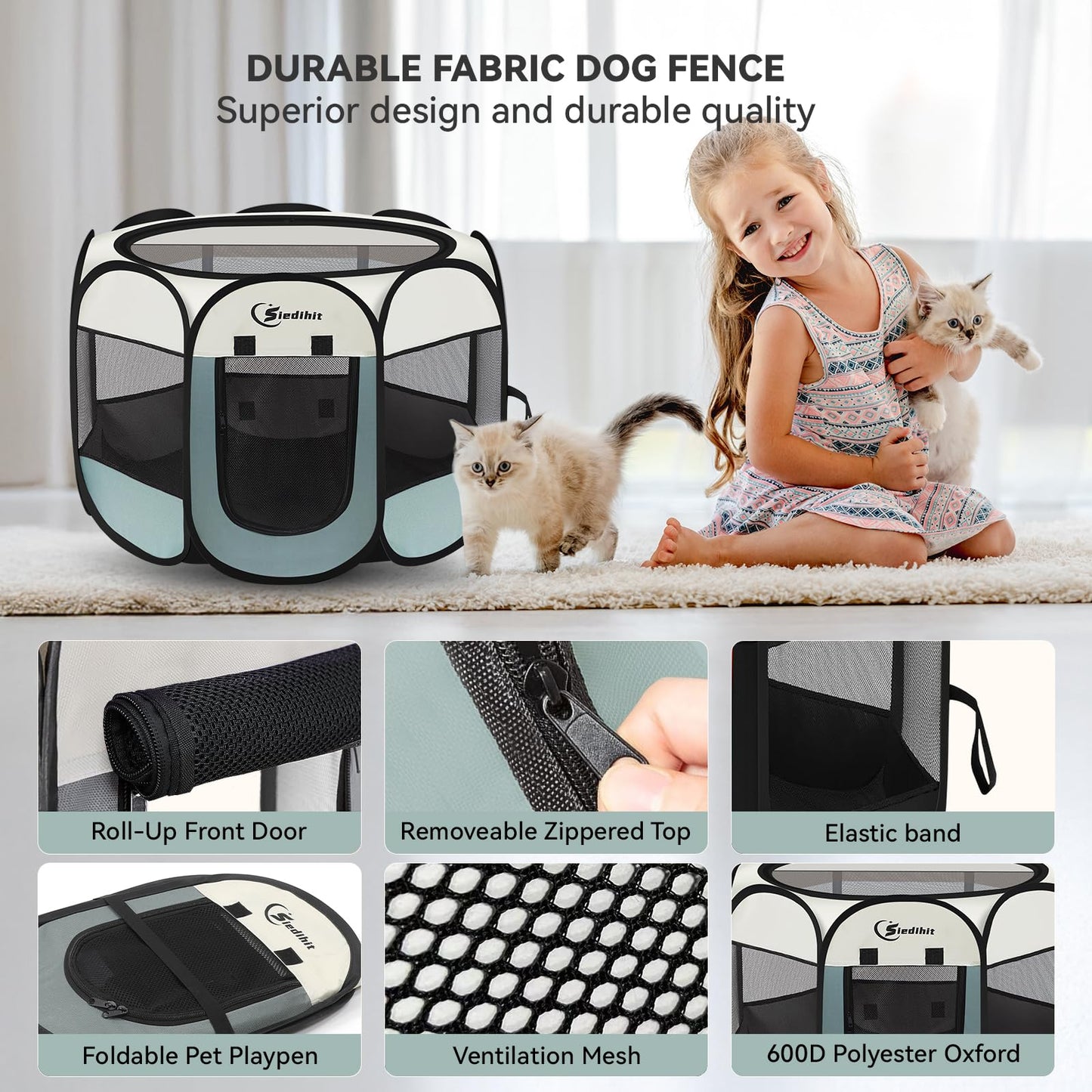 Siedihit Dog Cat Playpen, Puppy Pet Playpen Indoor for Small Dogs Tent Crates Cage Outdoor, Portable Pop Up Dog Kennel Playpen with Carrying Case for Dogs/Cats/Rabbits, Removable Zipper Top, Grey