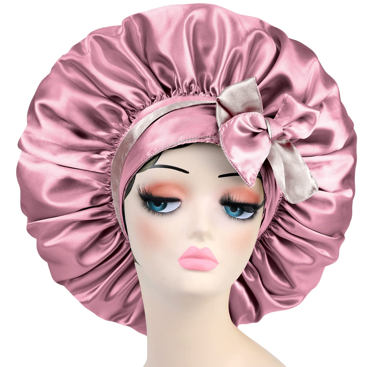 Satin Silk Bonnet Hair Cap: Extra Large Jumbo Adjustable Double Layer Reversible Sleeping Satin Lined Bonnets Night Cap (Rosegold&Champagne)